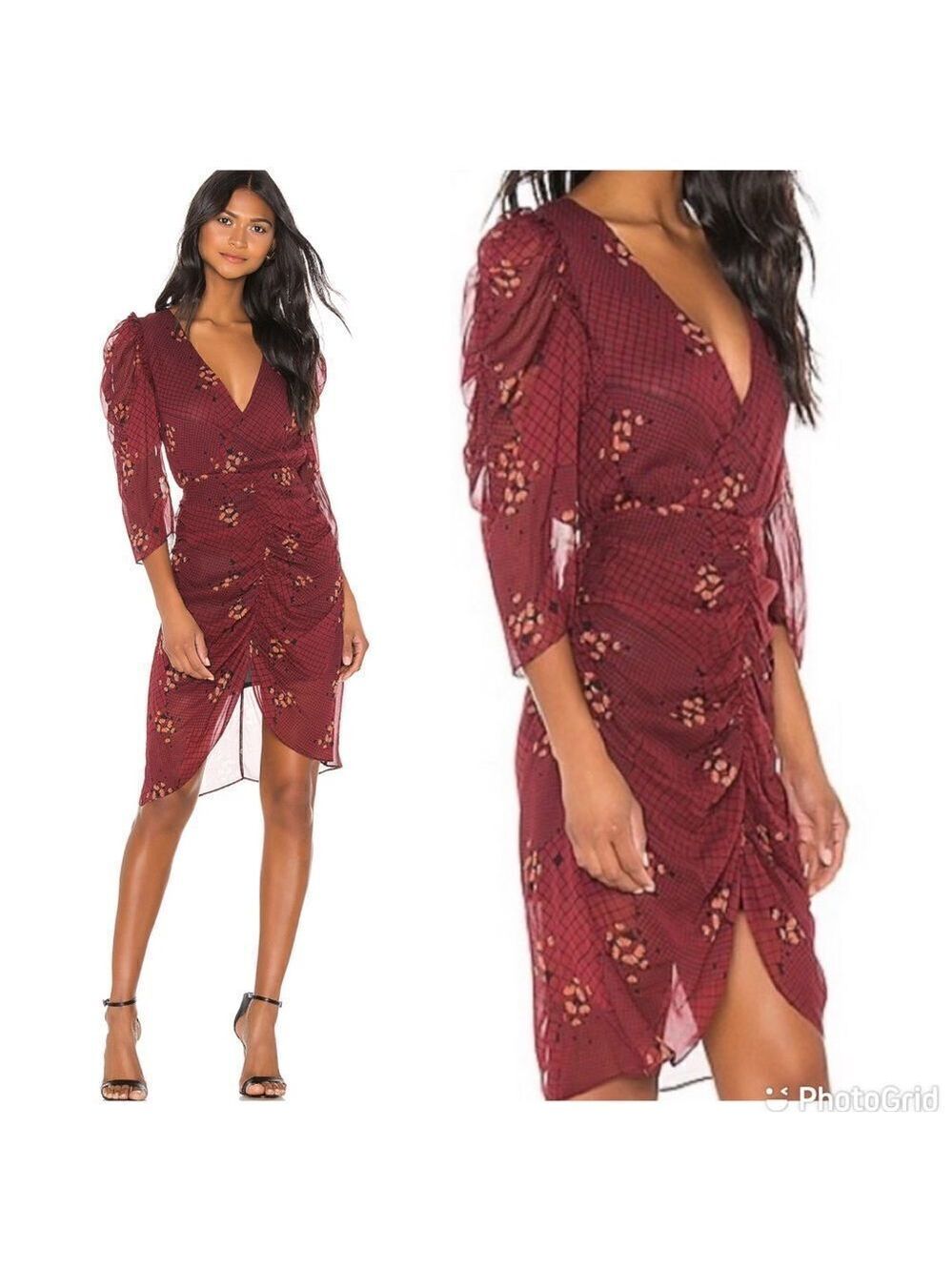 NEW Hofmann Copenhagen Lea Ruched Georgette Dress in Mahogany Print Size Small